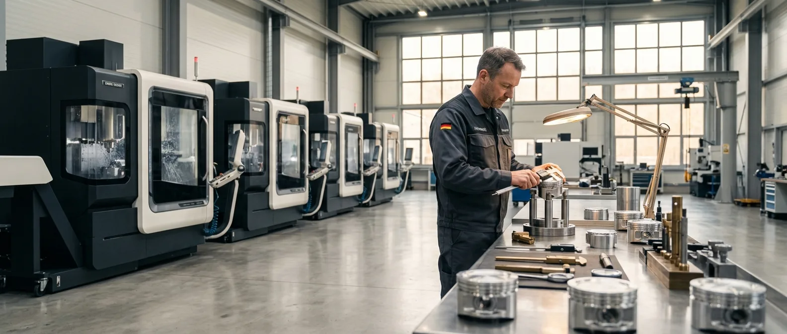 Wössner CNC-Werkstatt in Weil am Rhein: Reihe moderner CNC-Fräsmaschinen, Techniker bei der Qualitätsprüfung eines Kolbens auf dem Arbeitstisch
